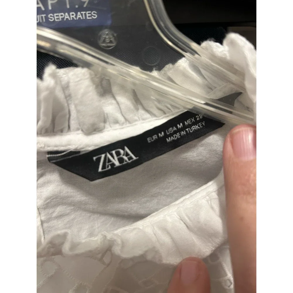 Zara White High Neck Blouse with Layer Embroidered Puff 3/4 Sleeves Size Medium